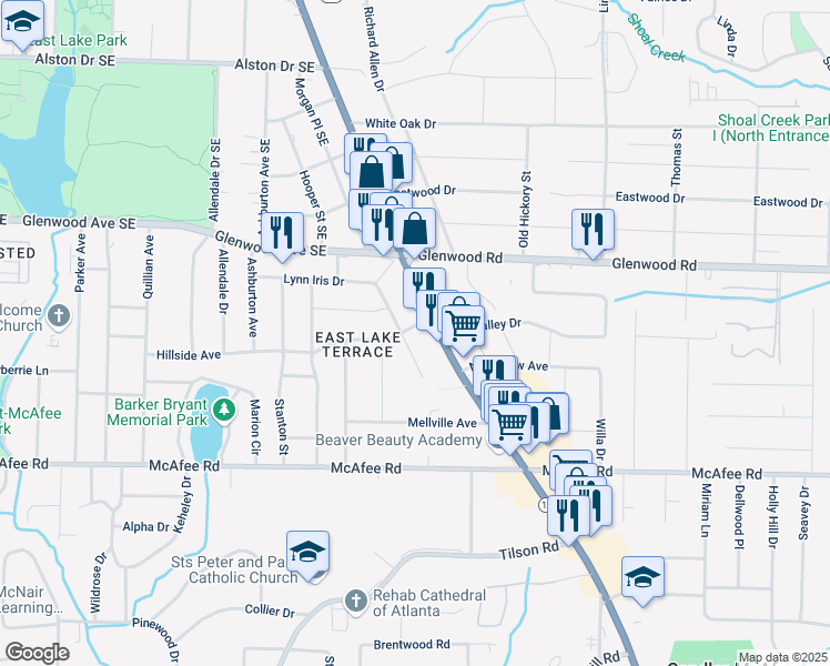 map of restaurants, bars, coffee shops, grocery stores, and more near 1888 Cannon Street in Decatur