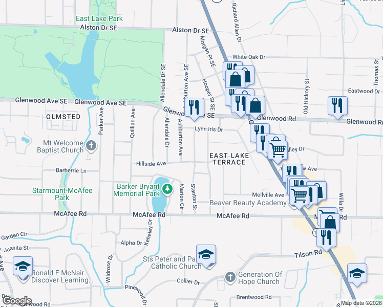 map of restaurants, bars, coffee shops, grocery stores, and more near 1884 Stanton Street in Decatur