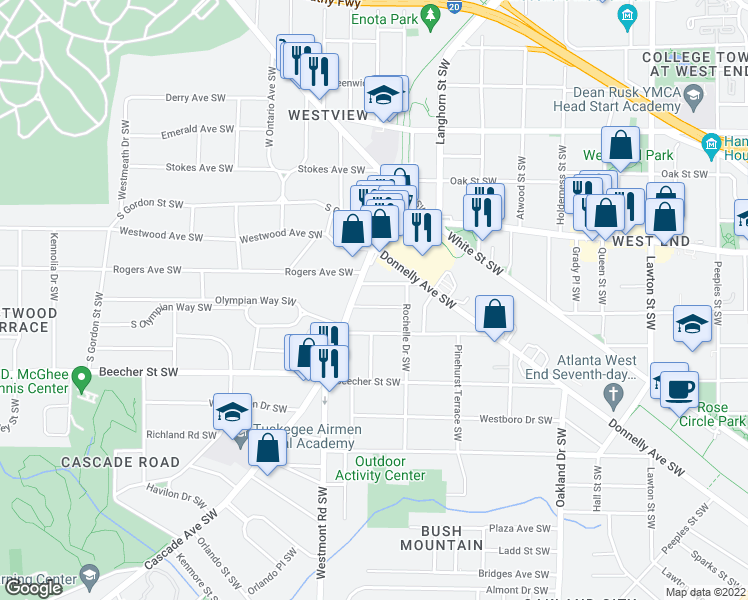 map of restaurants, bars, coffee shops, grocery stores, and more near 1459 Copeland Avenue Southwest in Atlanta