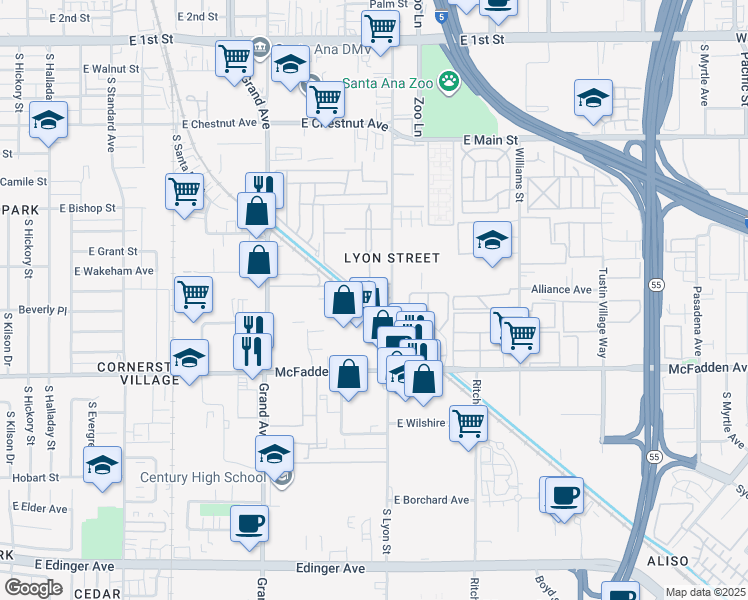 map of restaurants, bars, coffee shops, grocery stores, and more near 922 S Lyon St in Santa Ana