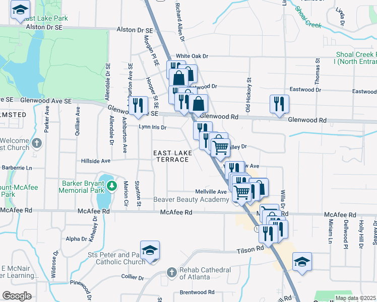 map of restaurants, bars, coffee shops, grocery stores, and more near 1889 Cannon Street in Decatur