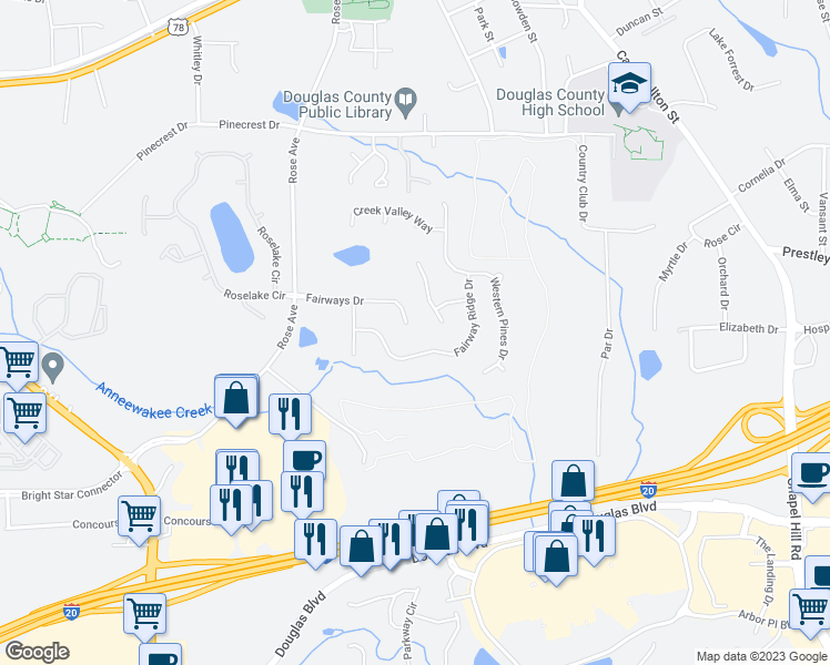 map of restaurants, bars, coffee shops, grocery stores, and more near 6771 Fairways Drive in Douglasville