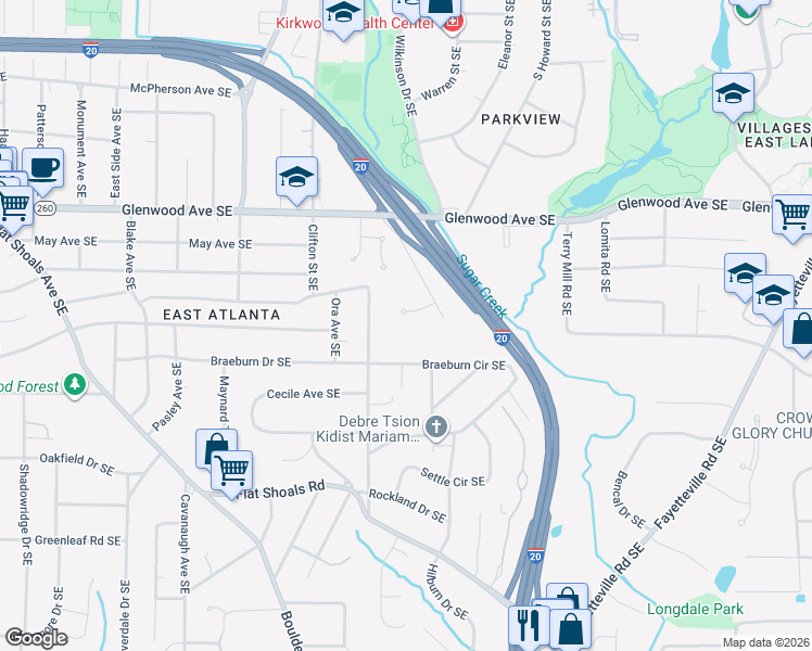 map of restaurants, bars, coffee shops, grocery stores, and more near 1511 Waltham Place Southeast in Atlanta