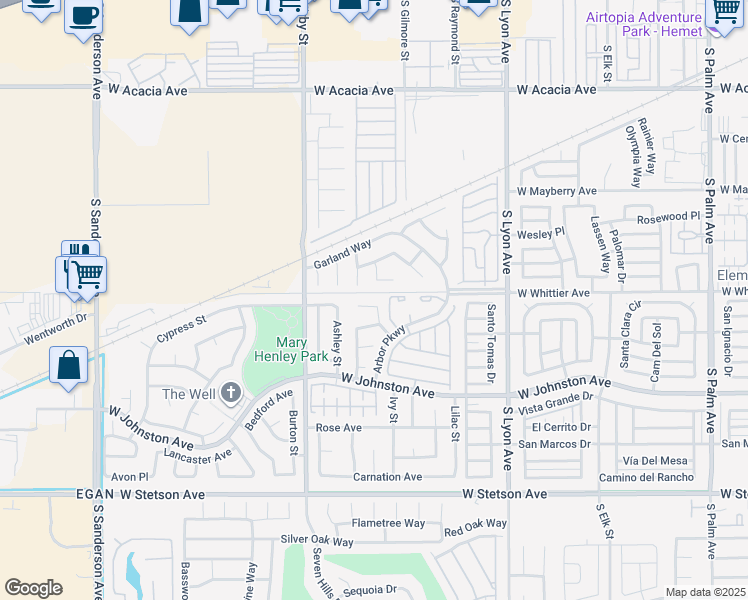 map of restaurants, bars, coffee shops, grocery stores, and more near 2328 Honeysuckle Way in Hemet