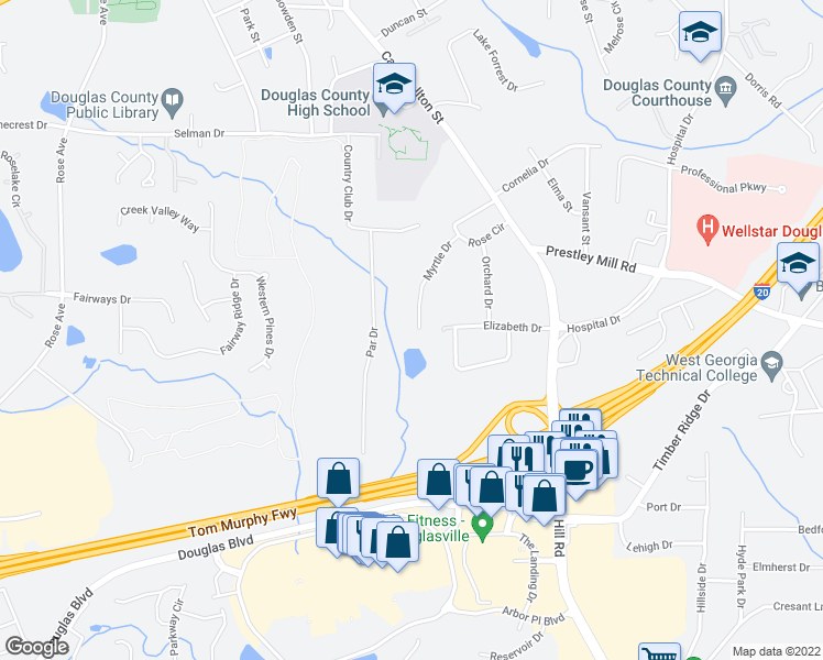 map of restaurants, bars, coffee shops, grocery stores, and more near 9013 Myrtle Drive in Douglasville