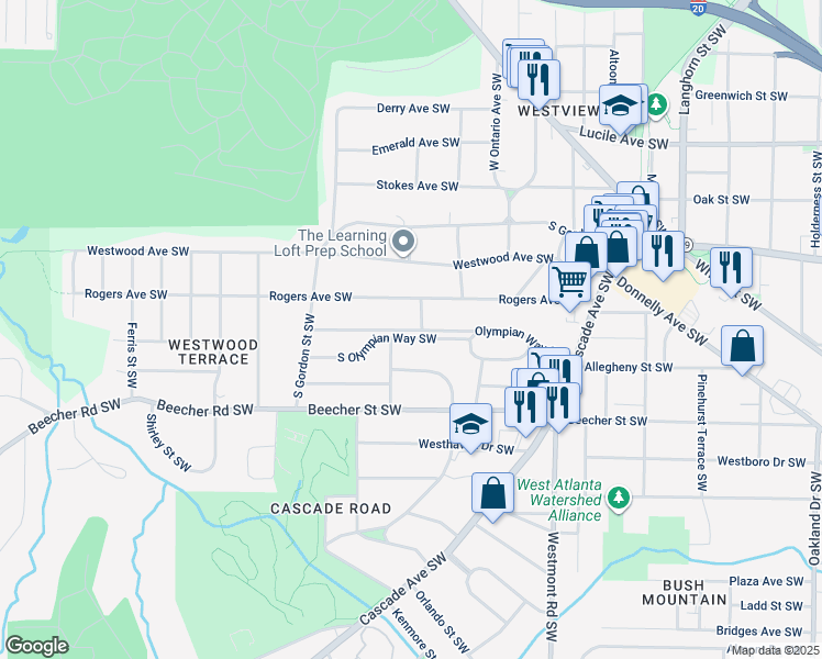 map of restaurants, bars, coffee shops, grocery stores, and more near 1669 Olympian Way Southwest in Atlanta