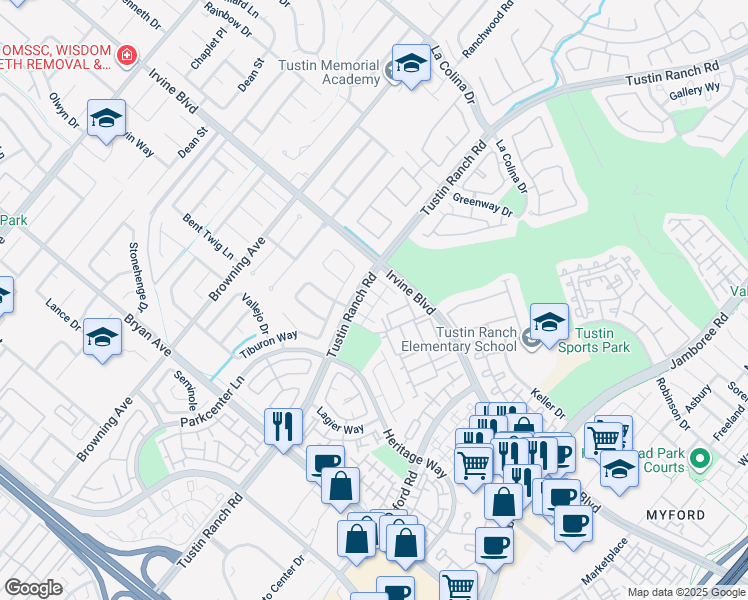 map of restaurants, bars, coffee shops, grocery stores, and more near 13081 Arborwalk Lane in Tustin