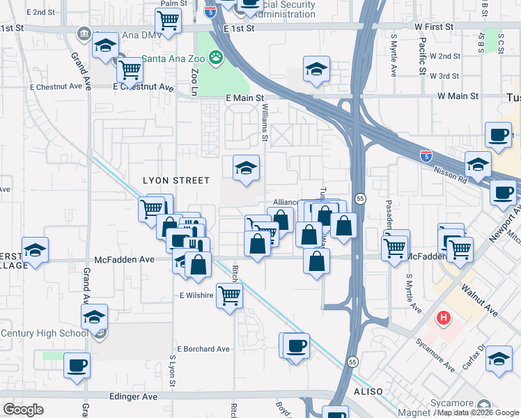 map of restaurants, bars, coffee shops, grocery stores, and more near 15651 Williams Street in Tustin