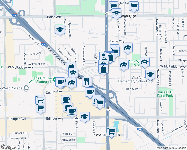 map of restaurants, bars, coffee shops, grocery stores, and more near 156 Cottonwood Lane in Midway City