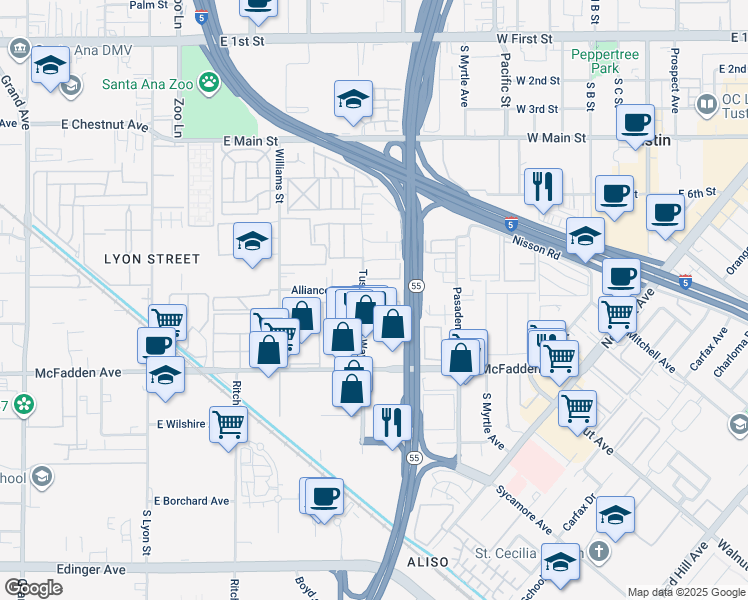 map of restaurants, bars, coffee shops, grocery stores, and more near 15610 Tustin Village Way in Tustin