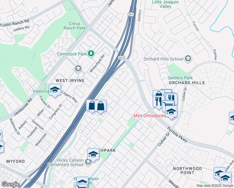 map of restaurants, bars, coffee shops, grocery stores, and more near 51 Olivehurst in Irvine
