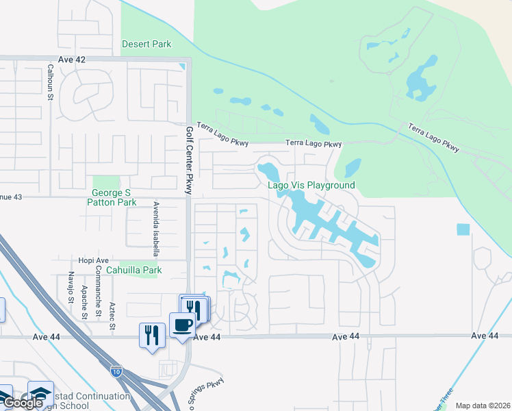 map of restaurants, bars, coffee shops, grocery stores, and more near 84136 Avenue 44 in Indio