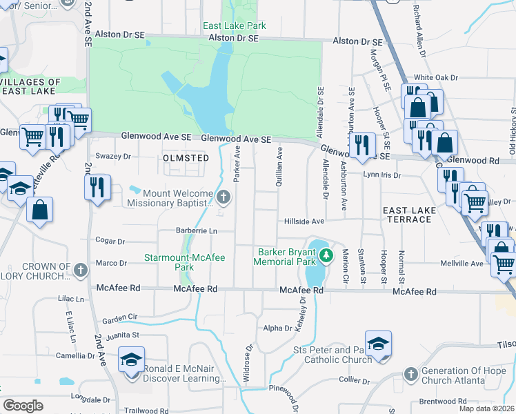 map of restaurants, bars, coffee shops, grocery stores, and more near 2238 Brunswick Avenue Southeast in Decatur