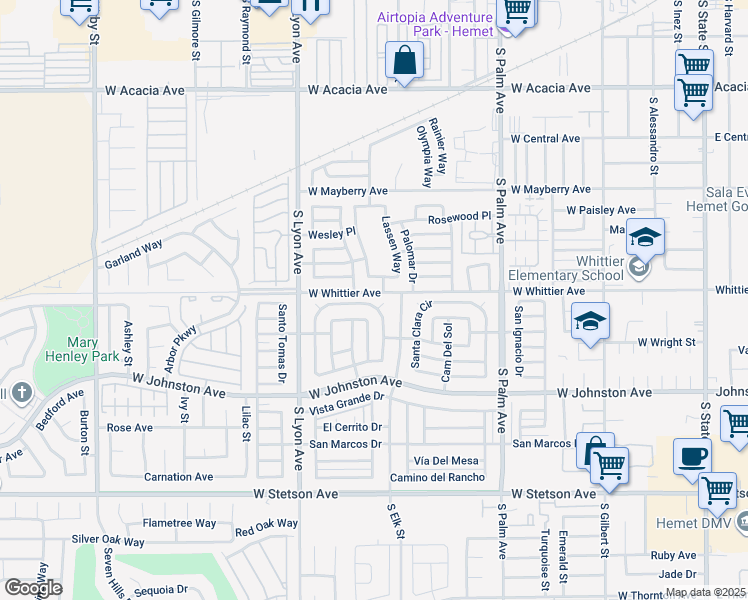 map of restaurants, bars, coffee shops, grocery stores, and more near 230 San Mateo Circle in Hemet