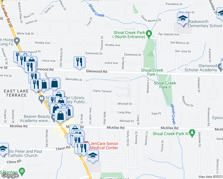 map of restaurants, bars, coffee shops, grocery stores, and more near 2784 Claire Terrace in Decatur