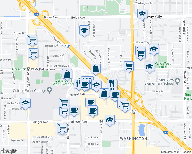 map of restaurants, bars, coffee shops, grocery stores, and more near 7677 Center Avenue in Huntington Beach