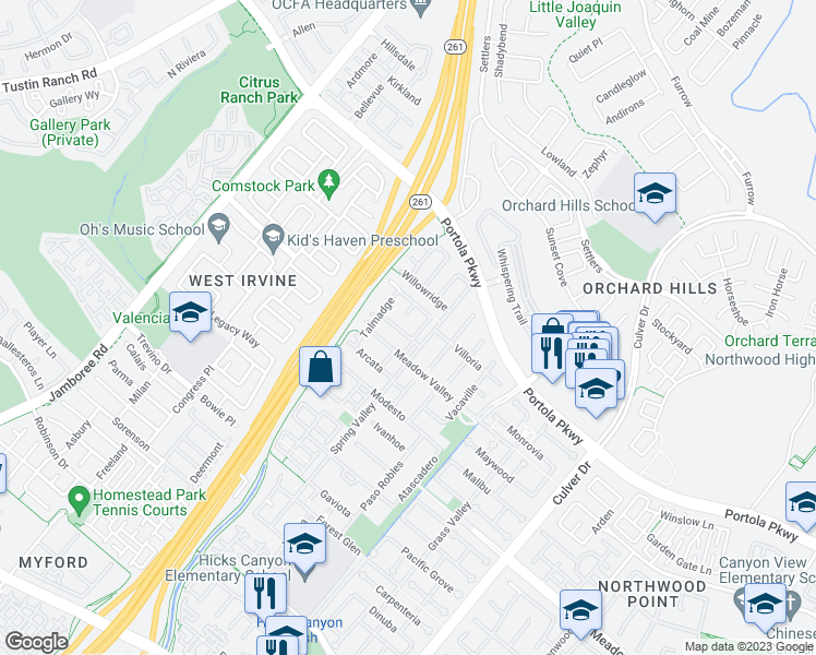 map of restaurants, bars, coffee shops, grocery stores, and more near 65 Olivehurst in Irvine