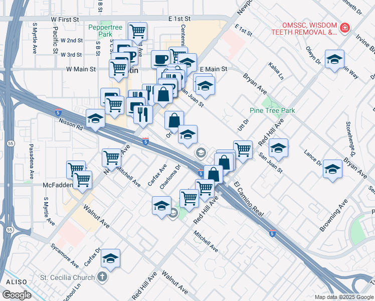 map of restaurants, bars, coffee shops, grocery stores, and more near 1171 El Camino Real in Tustin