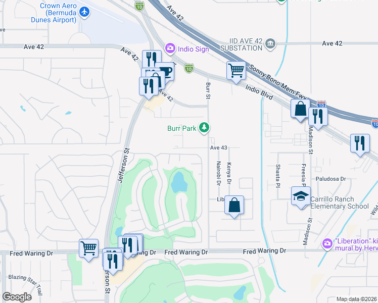 map of restaurants, bars, coffee shops, grocery stores, and more near 80578 Hoylake Drive in Indio