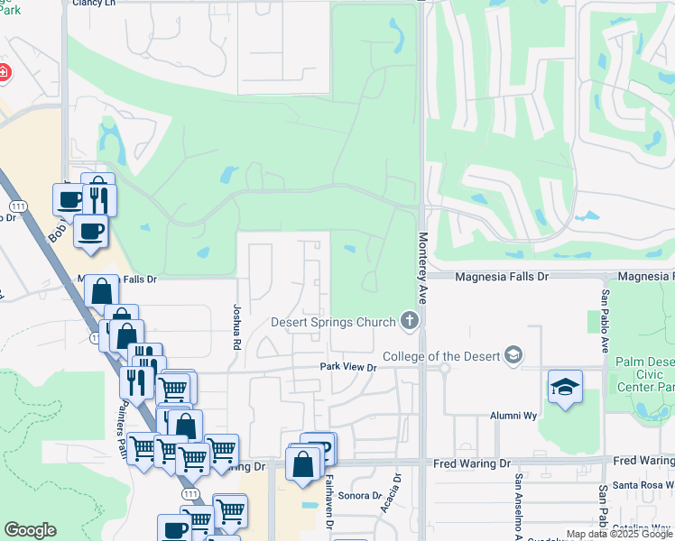 map of restaurants, bars, coffee shops, grocery stores, and more near 40 Vistara Drive in Rancho Mirage
