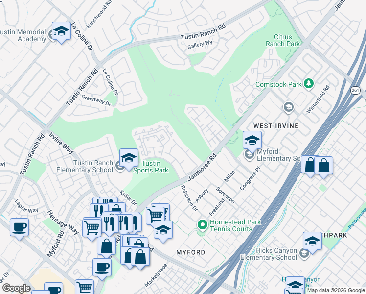 map of restaurants, bars, coffee shops, grocery stores, and more near 2885 Player Lane in Tustin