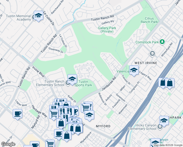 map of restaurants, bars, coffee shops, grocery stores, and more near 12612 Nicklaus Lane in Tustin