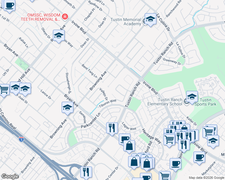 map of restaurants, bars, coffee shops, grocery stores, and more near 13201 Contessa in Tustin