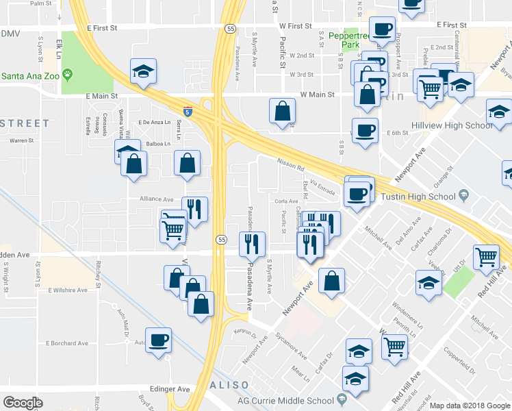 map of restaurants, bars, coffee shops, grocery stores, and more near 15611 South Myrtle Avenue in Tustin