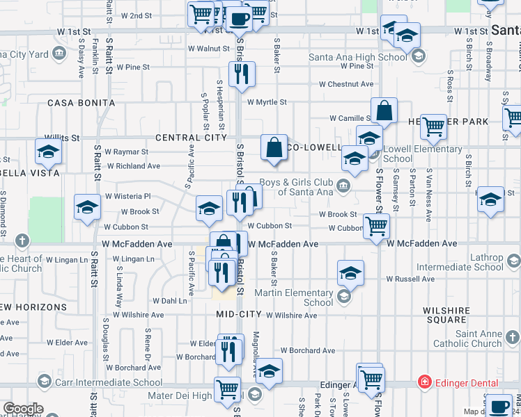 map of restaurants, bars, coffee shops, grocery stores, and more near 1213 West Brook Street in Santa Ana