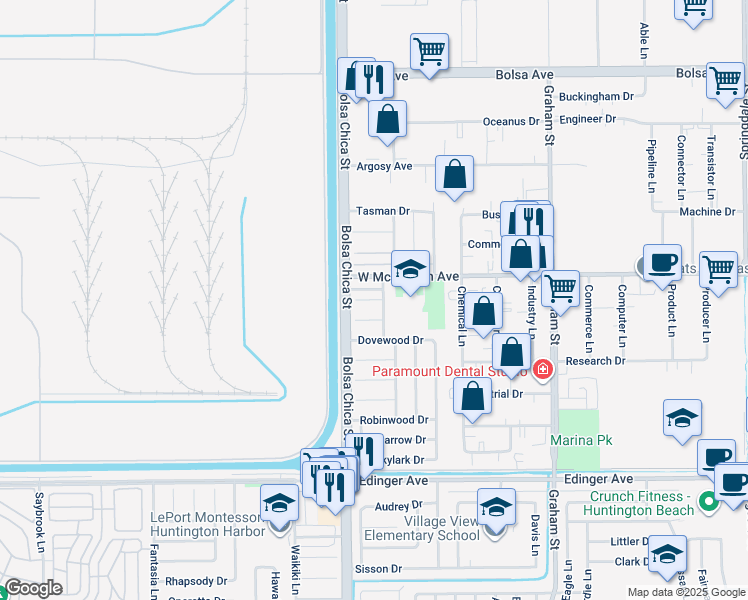 map of restaurants, bars, coffee shops, grocery stores, and more near 5021 Partridge Circle in Huntington Beach