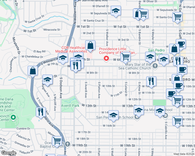 map of restaurants, bars, coffee shops, grocery stores, and more near 1322 West 9th Street in Los Angeles