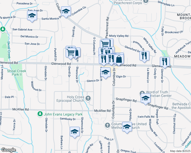 map of restaurants, bars, coffee shops, grocery stores, and more near 1870 South Columbia Place in Decatur