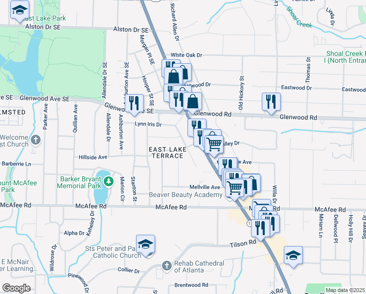 map of restaurants, bars, coffee shops, grocery stores, and more near 1889 Cannon Street in Decatur