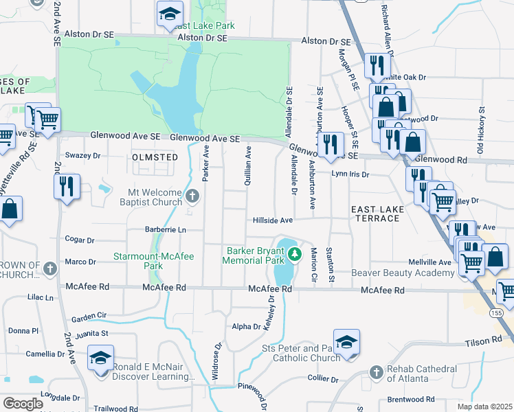 map of restaurants, bars, coffee shops, grocery stores, and more near 576 Quillian Avenue in Decatur