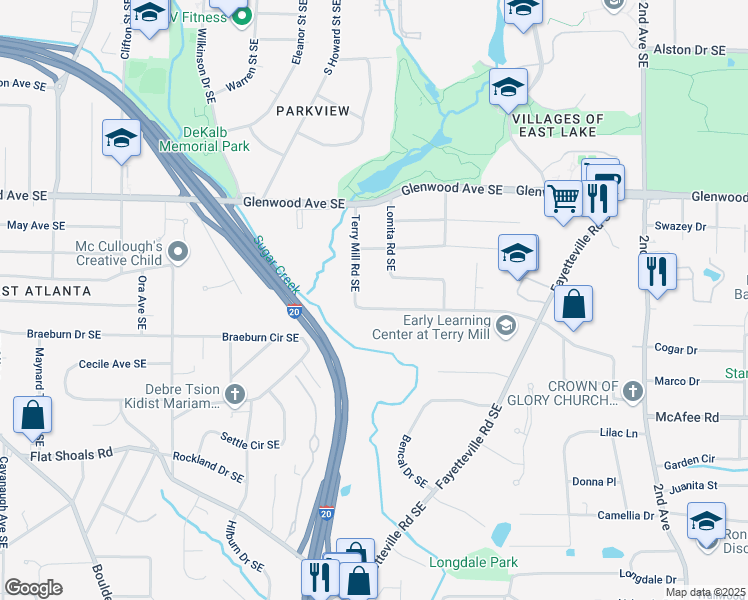map of restaurants, bars, coffee shops, grocery stores, and more near 1686 Terry Mill Road Southeast in Atlanta