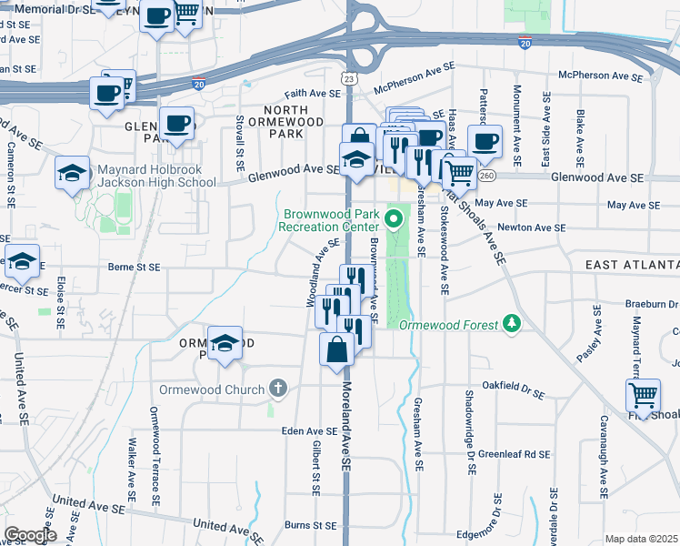map of restaurants, bars, coffee shops, grocery stores, and more near 655 Moreland Avenue Southeast in Atlanta