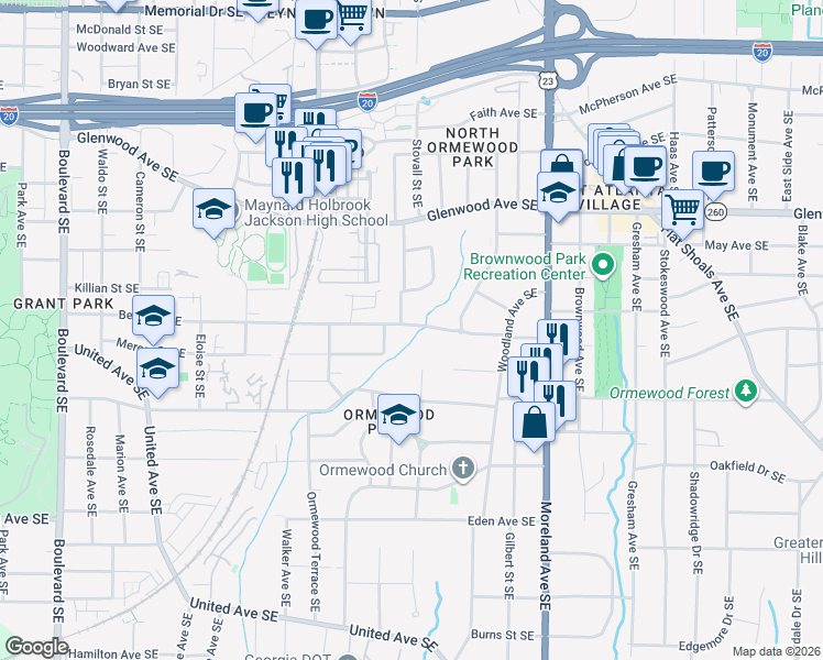 map of restaurants, bars, coffee shops, grocery stores, and more near 1022 Berne Street Southeast in Atlanta