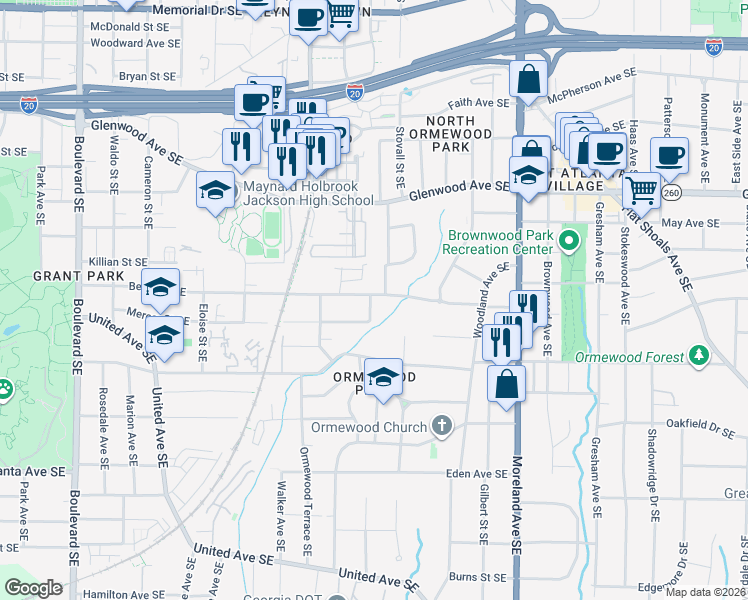 map of restaurants, bars, coffee shops, grocery stores, and more near 988 Berne Street Southeast in Atlanta