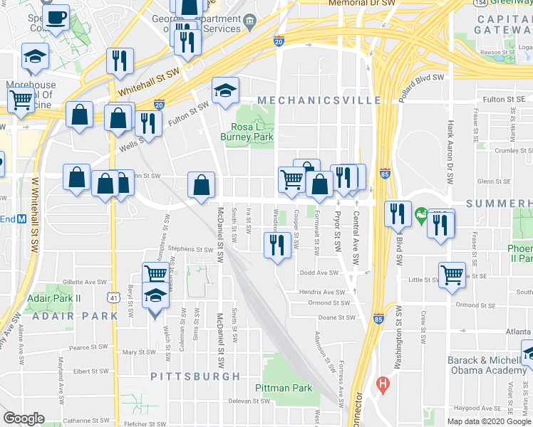 map of restaurants, bars, coffee shops, grocery stores, and more near 678 Garibaldi Street Southwest in Atlanta