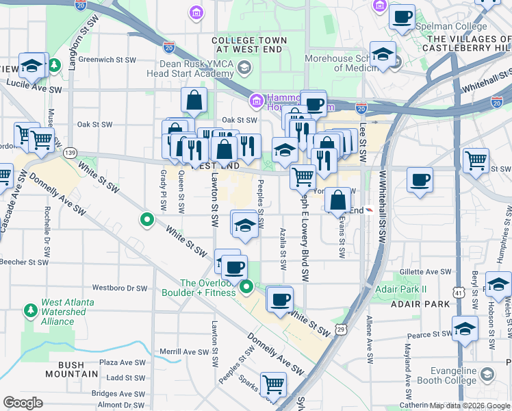 map of restaurants, bars, coffee shops, grocery stores, and more near 685 Peeples Street Southwest in Atlanta