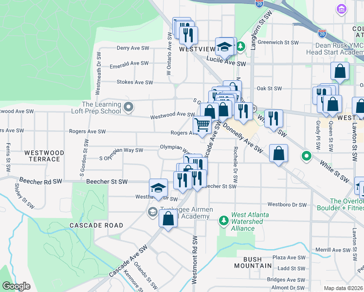 map of restaurants, bars, coffee shops, grocery stores, and more near 1555 Olympian Way Southwest in Atlanta