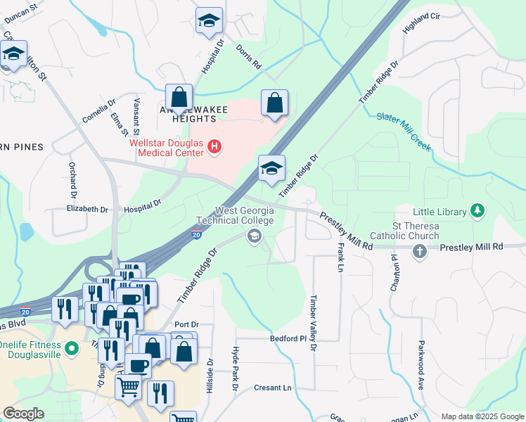 map of restaurants, bars, coffee shops, grocery stores, and more near Timber Ridge Drive in Douglasville