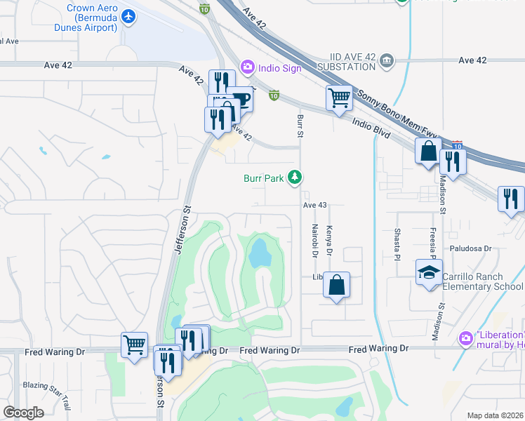 map of restaurants, bars, coffee shops, grocery stores, and more near 80576 Hoylake Drive in Indio