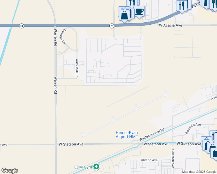 map of restaurants, bars, coffee shops, grocery stores, and more near 35725 Whittier Avenue in Hemet