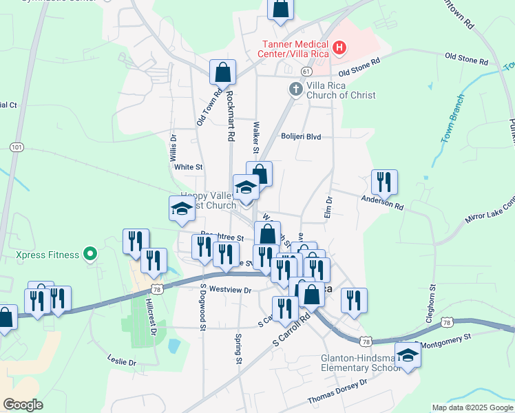 map of restaurants, bars, coffee shops, grocery stores, and more near 115 Dallas Hwy in Villa Rica
