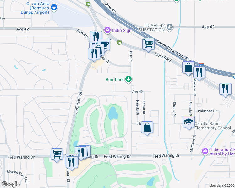 map of restaurants, bars, coffee shops, grocery stores, and more near 80576 Hoylake Drive in Indio
