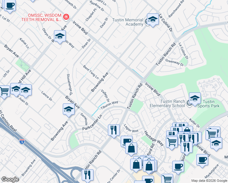 map of restaurants, bars, coffee shops, grocery stores, and more near 13201 Contessa in Tustin