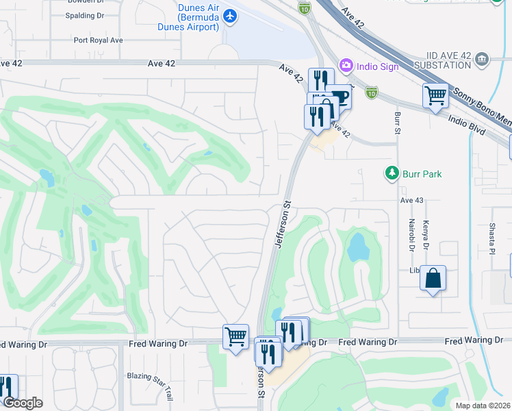 map of restaurants, bars, coffee shops, grocery stores, and more near 79945 Kingston Drive in Bermuda Dunes