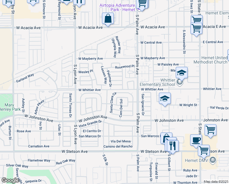 map of restaurants, bars, coffee shops, grocery stores, and more near 360 Santa Clara Circle in Hemet