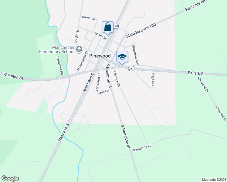 map of restaurants, bars, coffee shops, grocery stores, and more near 153-321 South Hampton Street in Pinewood